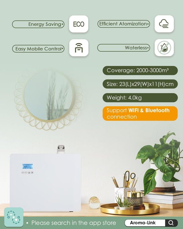 Mxmoonant Diffuseurs d Huile Essentiel, sans Eau, Mural, Couvrant 3000m³, 1000ml Bouteille d'huile, Electrique, Contrôle d'application, HVAC Connectable, pour Grande Piece, Bureau, Hotel