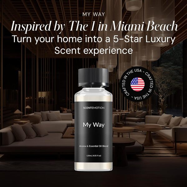 My Way – Huile diffuseur inspirée du parfum Miami Beach, huile essentielle avec des notes de cardamome, de cuir, de citron et d'iris, mélange d'huiles essentielles d'aromathérapie, 120 ml