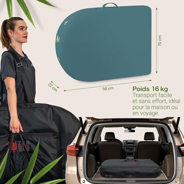 Zen — Table de Massage Ovale Mobile Pliable & réglable en Hauteur — Table Massage Pliante en Bois Massif avec des Coins arrondis pour des Styles de Massage Actifs — Tables de Massage Bleu Sarcelle