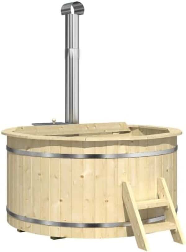 Bergen Fût de bain en bois Ø 160 x 110 cm, avec four en acier inoxydable 22 kW et échelle d'entrée, pour 3 à 4 personnes, piscine, bain à bulles