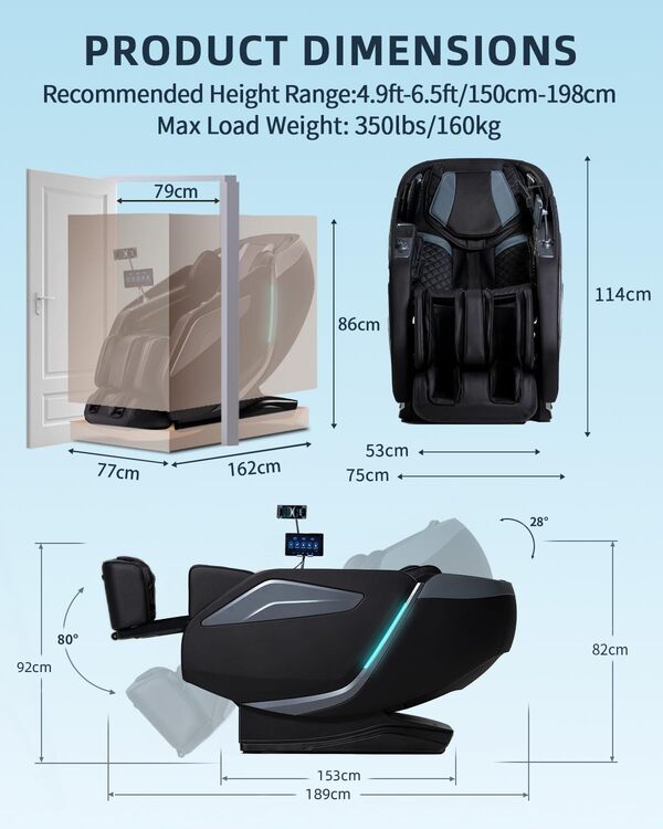 Fauteuil de massage complet du corps avec Zero Gravity Body Scan 4D Intelligent Shiatsu, chauffage du dos/des jambes avec commande vocale AI, Haut-parleur, Bluetooth, SL Track (noir)