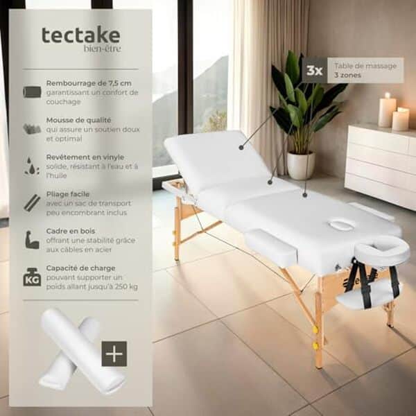 Découvre notre test complet de la table de massage pliante TecTake® 3 zones en bois : design élégant en blanc, praticité et confort pour les professionnels et amateurs de bien-être.